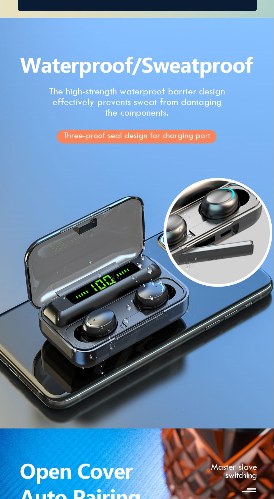 H&A Bluetooth V5.0 Earphones Wireless Headphones With Microphone Sports Waterproof Headsets 2200mAh Charging Box For Android