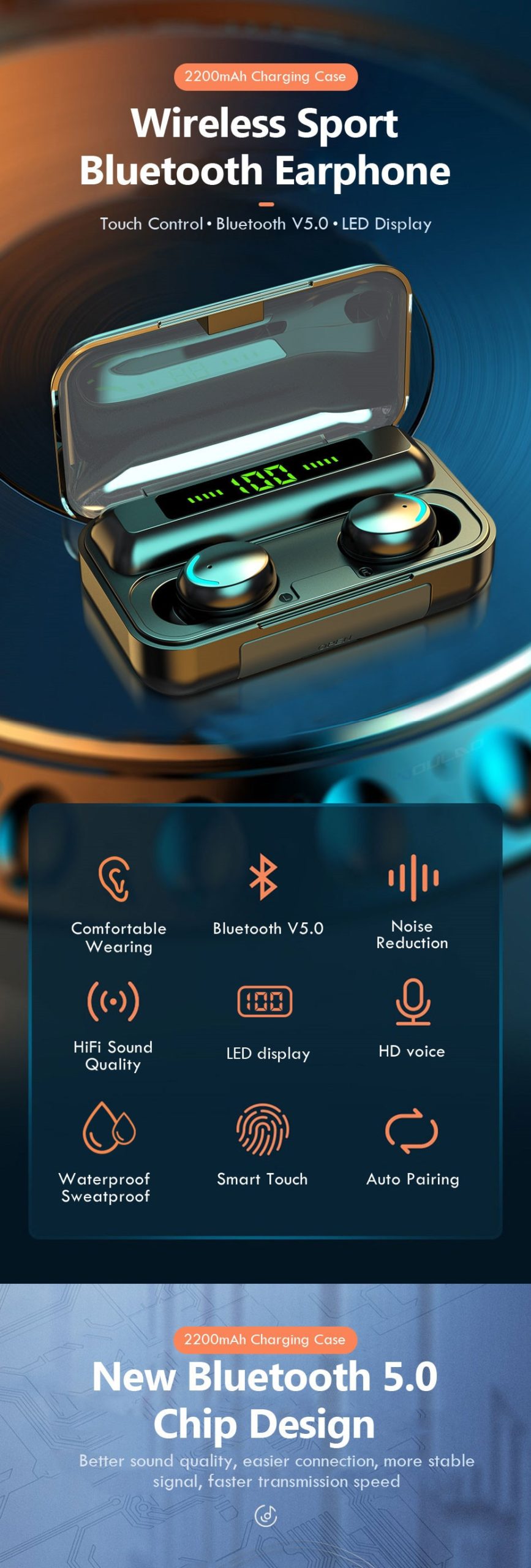TWS Bluetooth 5.0 Earphones 2200mAh Charging Box Wireless Headphone 9D Stereo Sports Waterproof Earbuds Headsets With Microphone