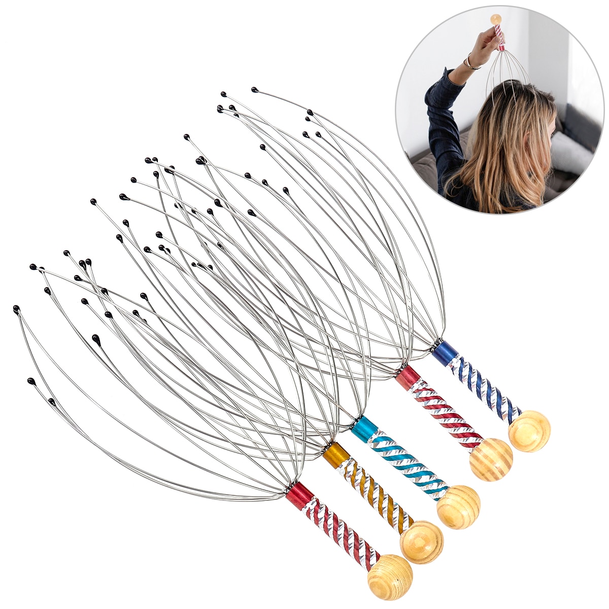 Therapeutic Head Scratcher Steel Wire Head Massager With Wooden Handle Relax Tool