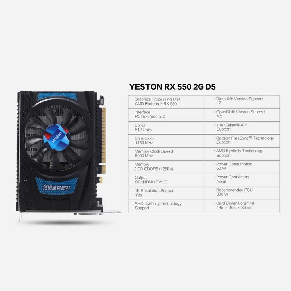 Yeston RX550D-2G D5 GPU Fan Graphics Card PCI Express 3.0 1183/6000MHz 2G 128bit GDDR5 External Gaming Video Module for Desktop