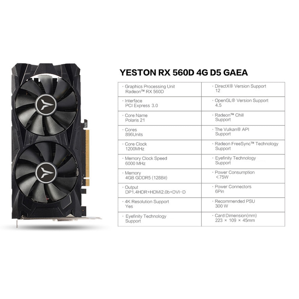 Yeston RX560D-4G D5 Dual Fan GPU Graphics Card 1200/6000MHz 4G 128bit GDDR5 Gaming Video Player Module for Desktop Computer